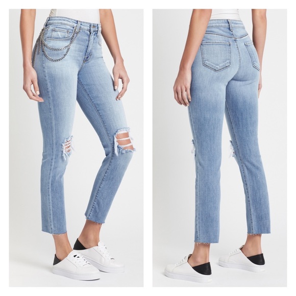 L'AGENCE Denim - L'AGENCE Luna High Rise Straight Leg Chain Detail Distressed Blue Jeans Size 29